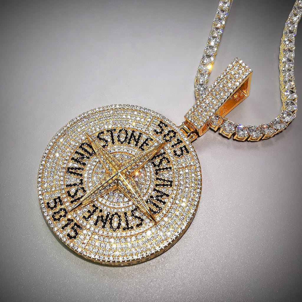 Hip Hop Big Compass Shape Pendant With Chain For Men Gifts Bling Cubic