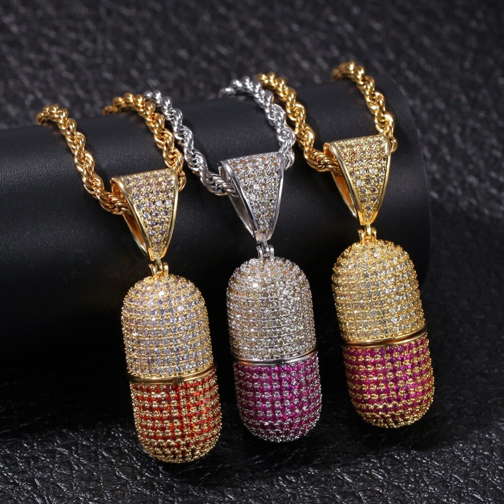 Iced Out Colored Pills Pendant Necklace With Chain AAA Zircon 3 Colors