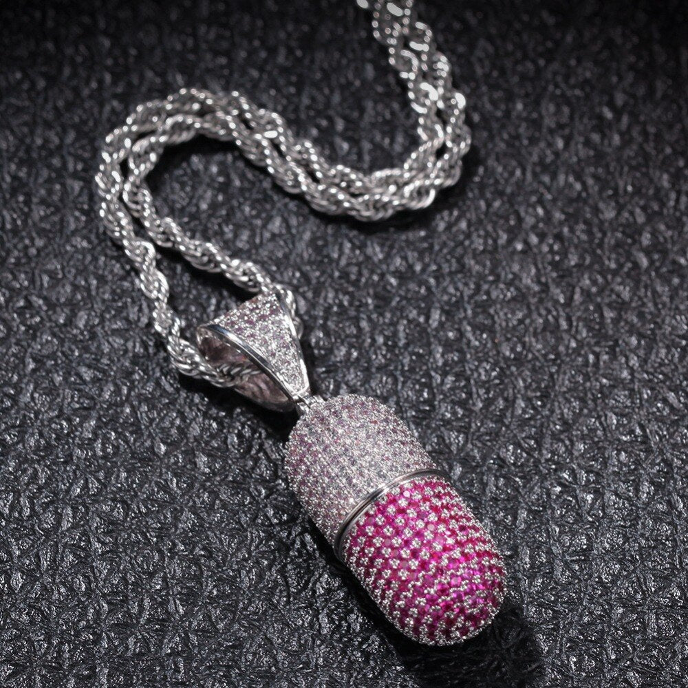 Iced Out Colored Pills Pendant Necklace With Chain AAA Zircon 3 Colors