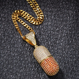 Iced Out Colored Pills Pendant Necklace With Chain AAA Zircon 3 Colors