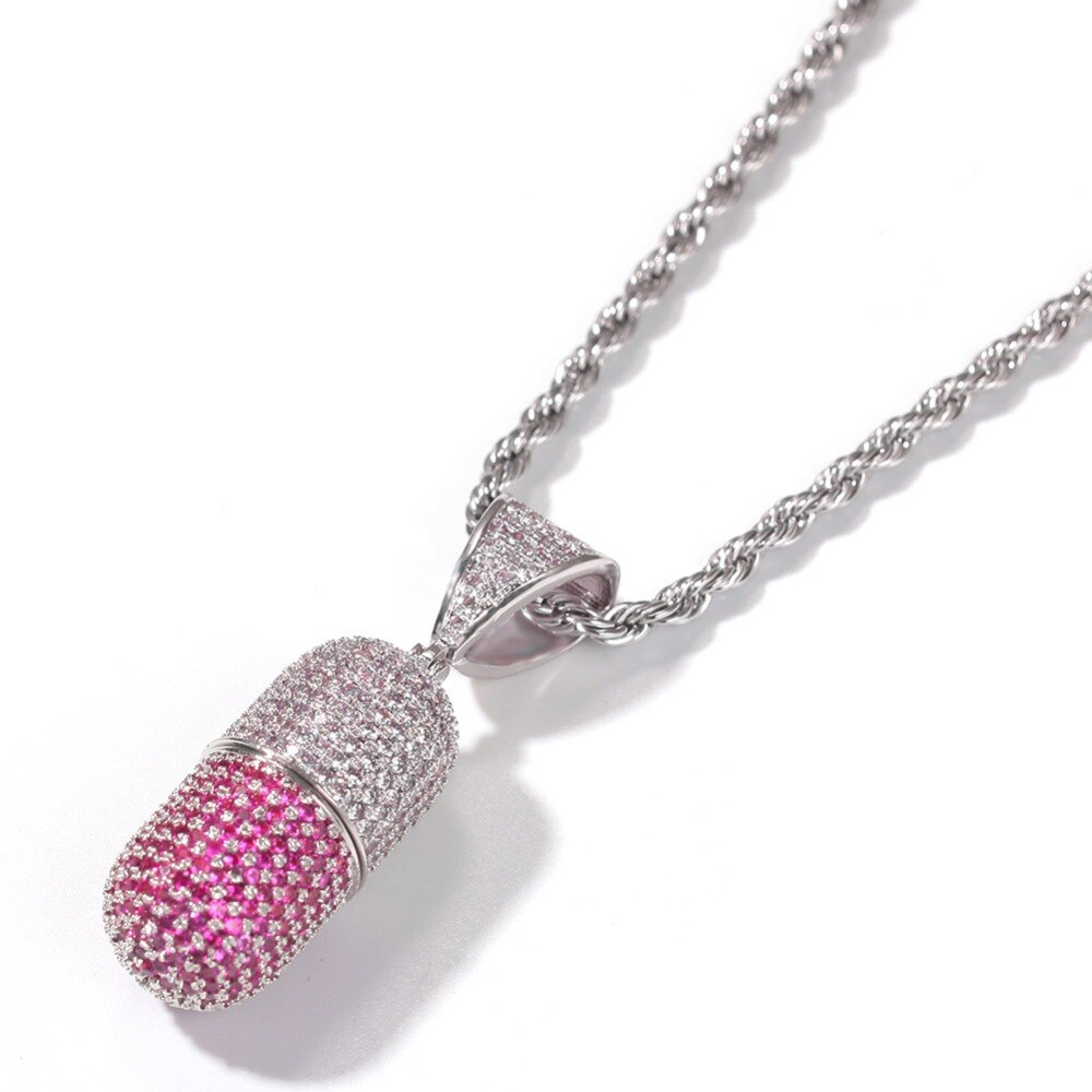 Iced Out Colored Pills Pendant Necklace With Chain AAA Zircon 3 Colors