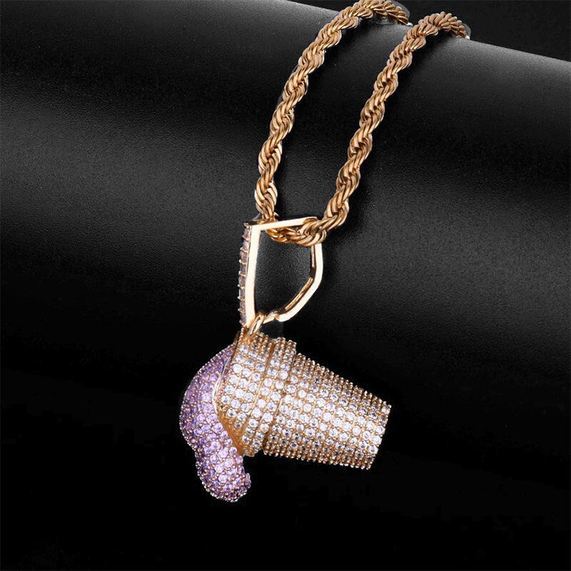 Iced Out Cup Drank Pendant Necklace With Chain 3 Colors AAA Zircon