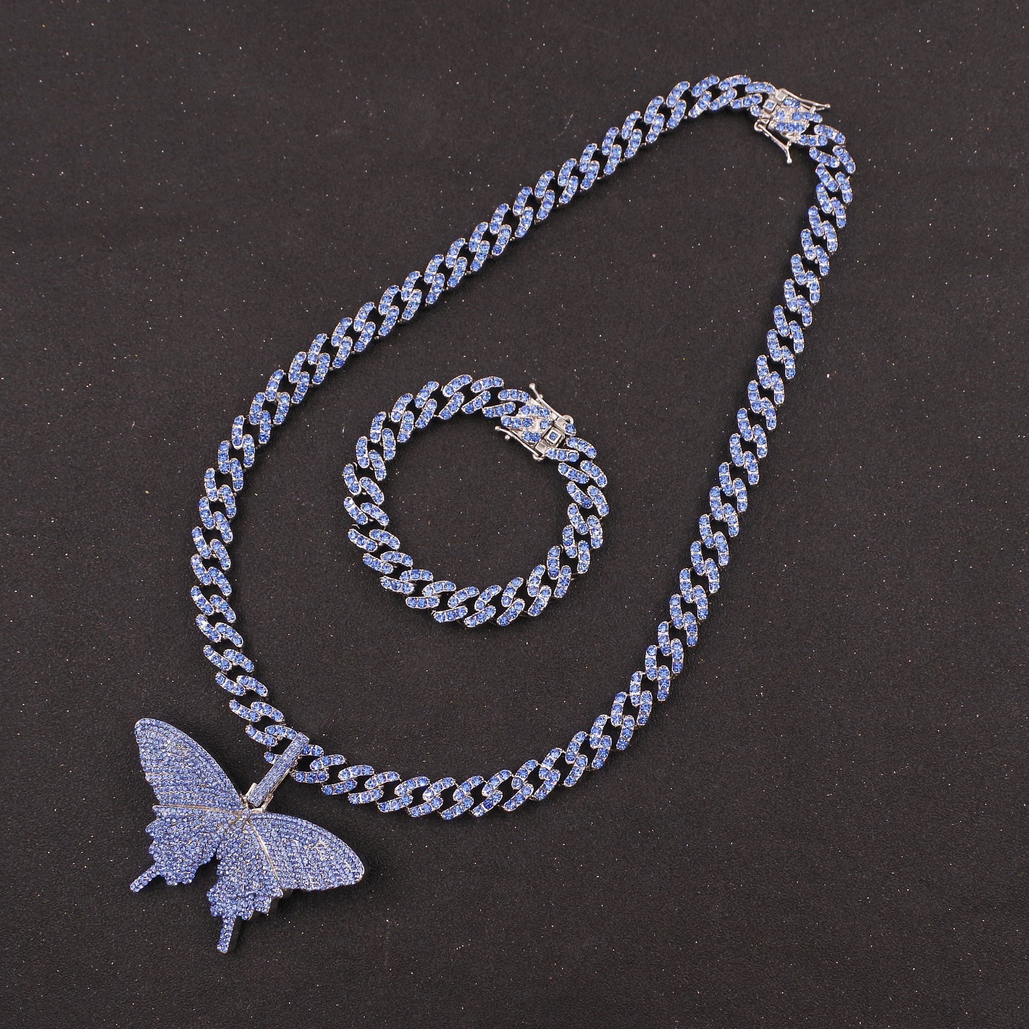 Blue Iced Butterfly Cuban Link Set